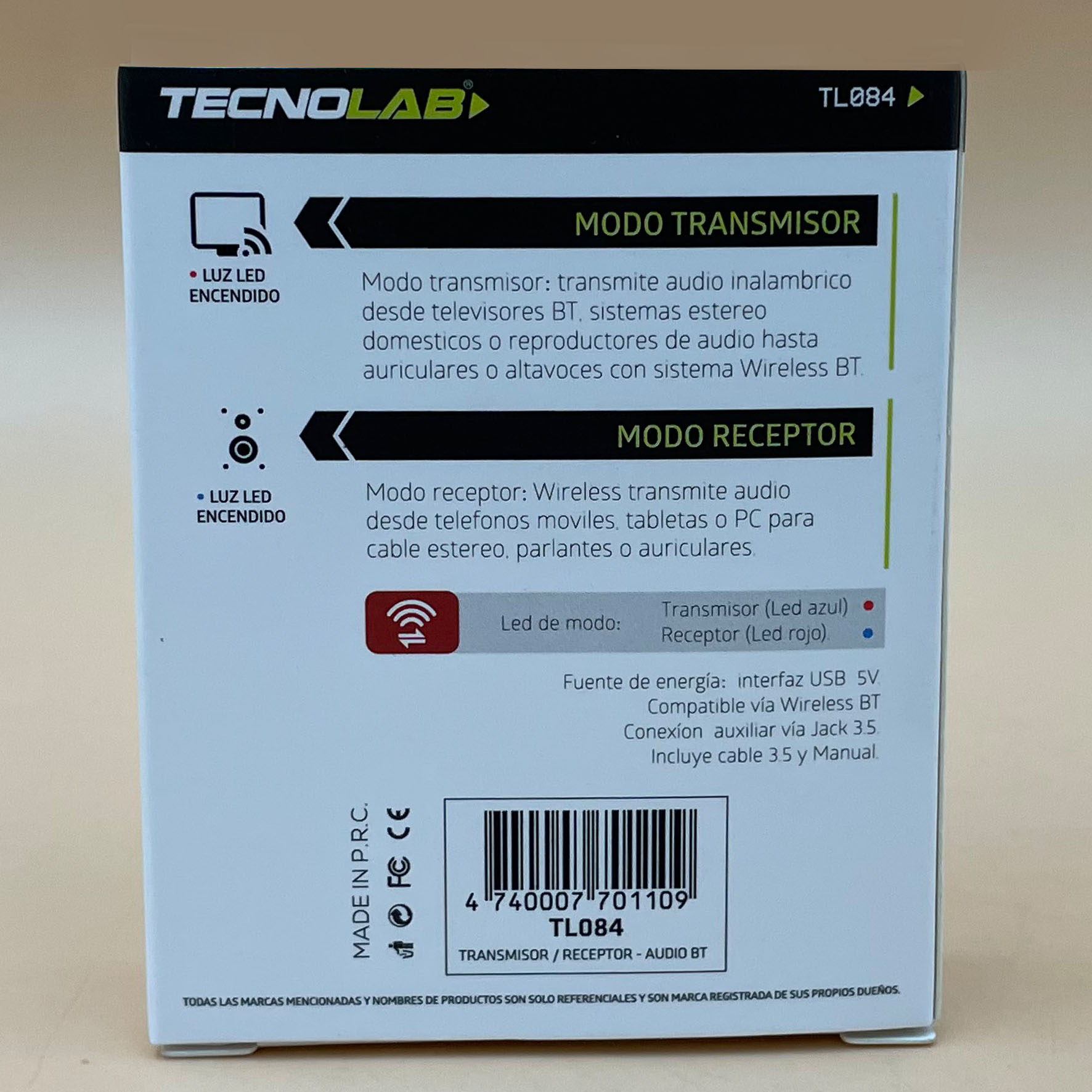 Transmisor Receptor Audio Bluetooth USB Jack 3.5 Tecnolab Tecnolab